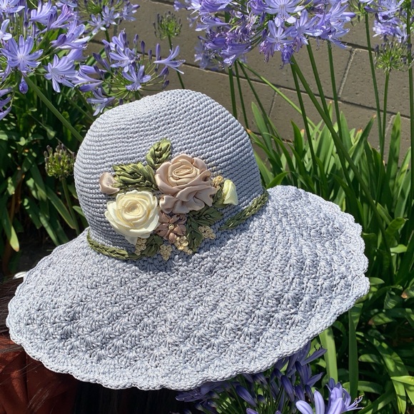 Grey Crocheted Floral Wide Brim Hat main image 10